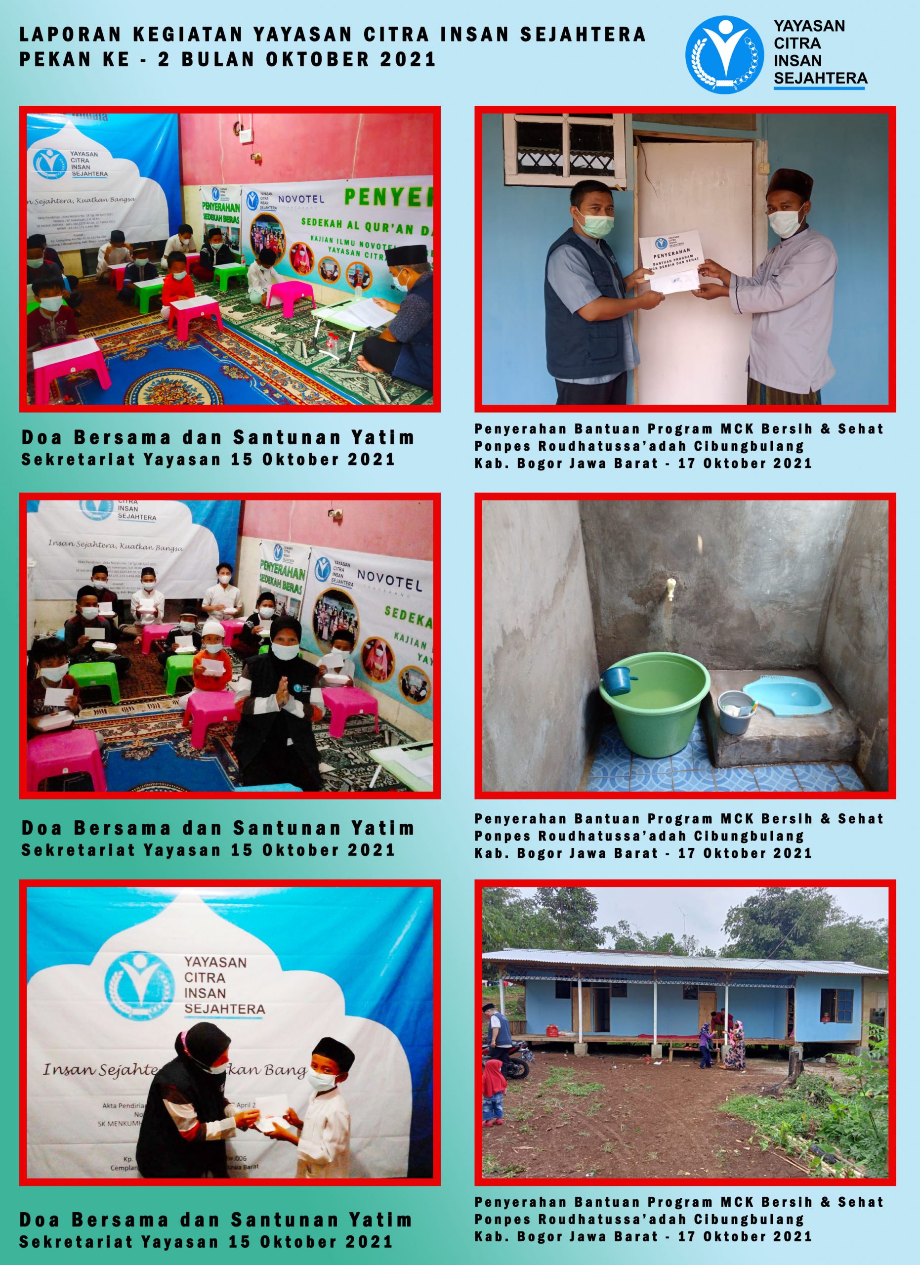 Read more about the article Laporan Kegiatan Penyerahan Bantuan Program MCK Bersih dan Sehat serta Santunan dan Do’a Bersama yatim 15 Oktober 2021 Yayasan Citra Insan Sejahtera